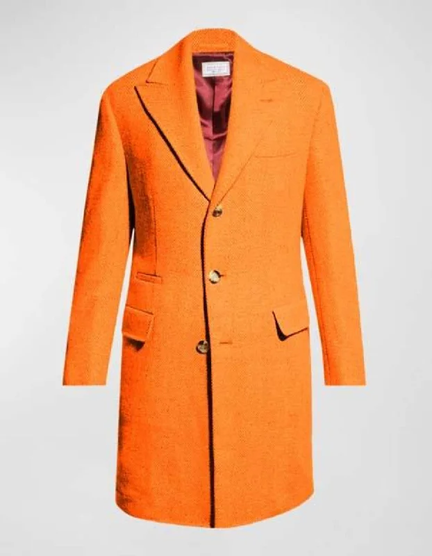 Mens Wool Carcoat - Hot Orange Three Quarter Peak Lapel Topcoat