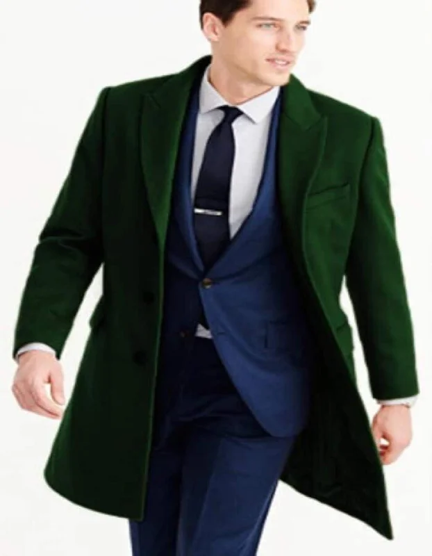 Mens Wool Carcoat - Hunter Green Three Quarter Peak Lapel Topcoat