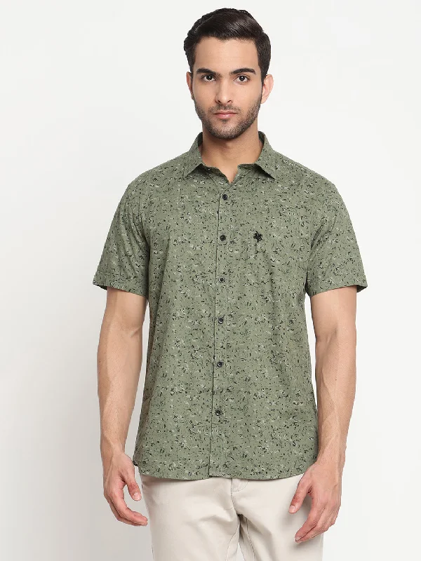 Men's Olive Green Casual Abstract Print Half Sleeve Shirt