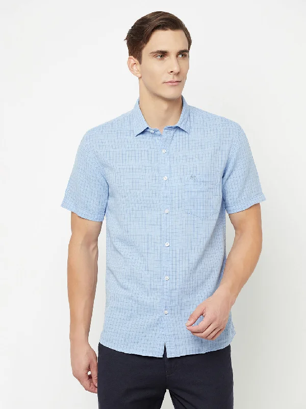 Men's Sky Blue Casual Small Checks Half Sleeve Shirt