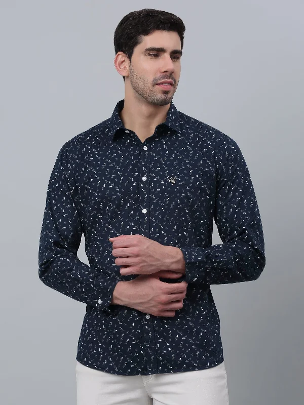 Men's Navy Blue Casual Floral Print Full Sleeve Shirt