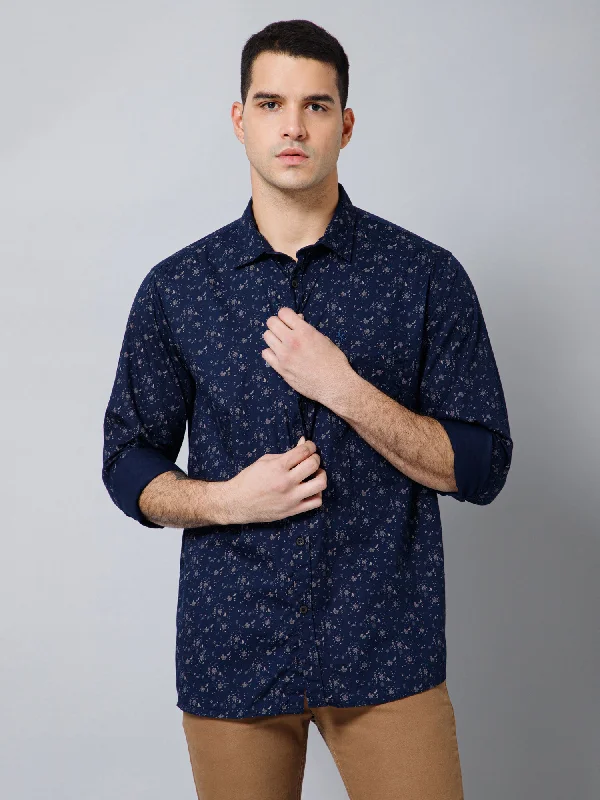 Men's Navy Blue Casual Floral Print Full Sleeve Shirt