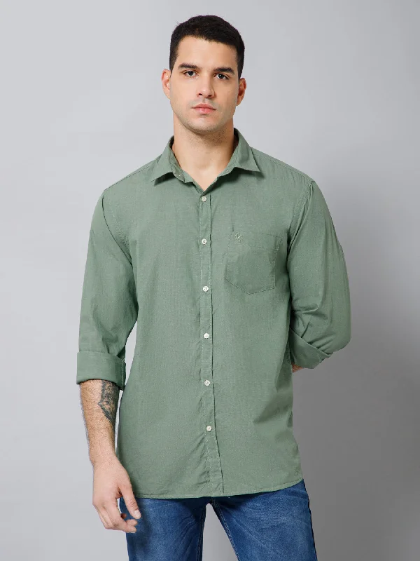 Men's Olive Green Casual Fil a Fil Plain Full Sleeve Shirt