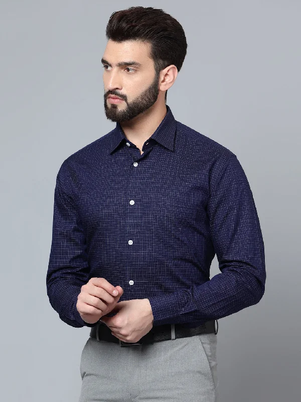 Men's Navy Blue Formal Small Checks Full Sleeve Shirt