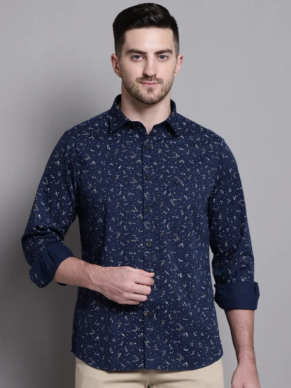 Men's Navy Blue Casual Floral Print Full Sleeve Shirt