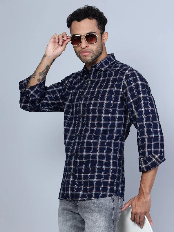 Men's Navy Blue Casual Big Checks Full Sleeve Shirt