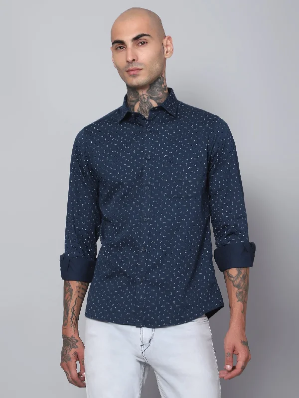 Men's Navy Blue Casual Ditsy Print Full Sleeve Shirt