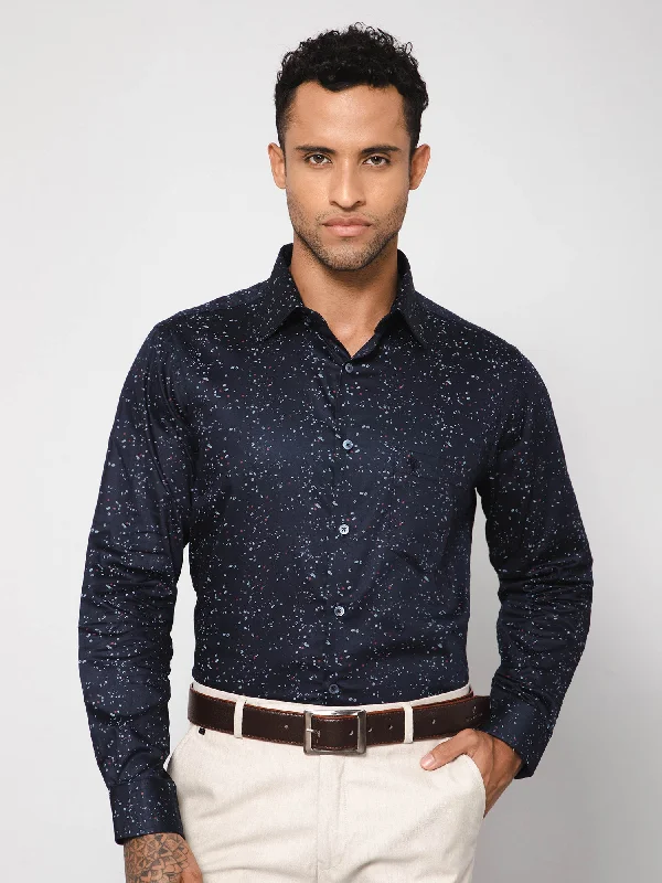 Men's Navy Blue Party Abstract Ditsy Print Full Sleeve Shirt