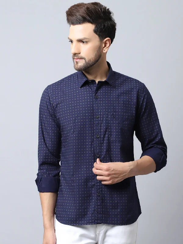 Men's Navy Blue Casual Geometric Print Full Sleeve Shirt