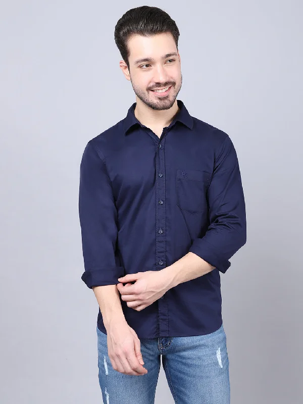 Men's Navy Blue Casual Plain Full Sleeve Shirt