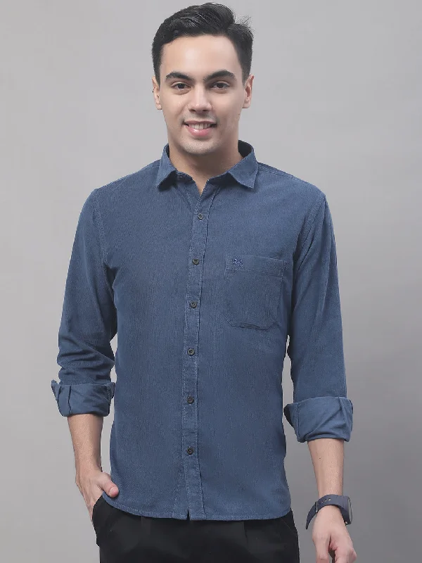 Men's Navy Blue Casual Corduroy Full Sleeve Shirt