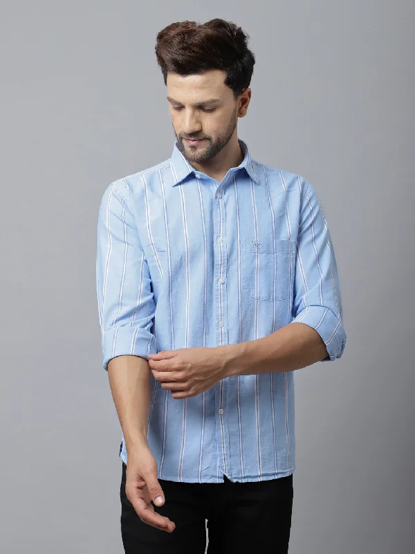 Men's Sky Blue Casual Broad Stripe Full Sleeve Shirt