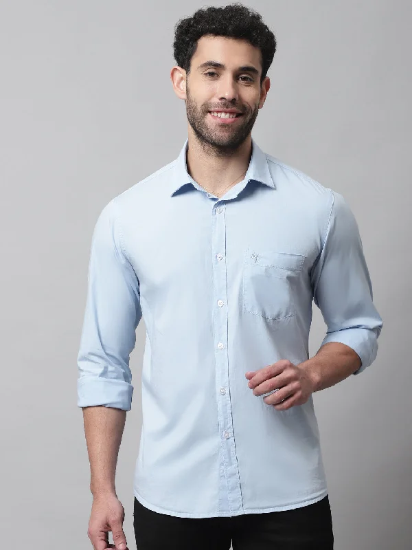 Men's Sky Blue Casual Plain Stretch Full Sleeve Shirt