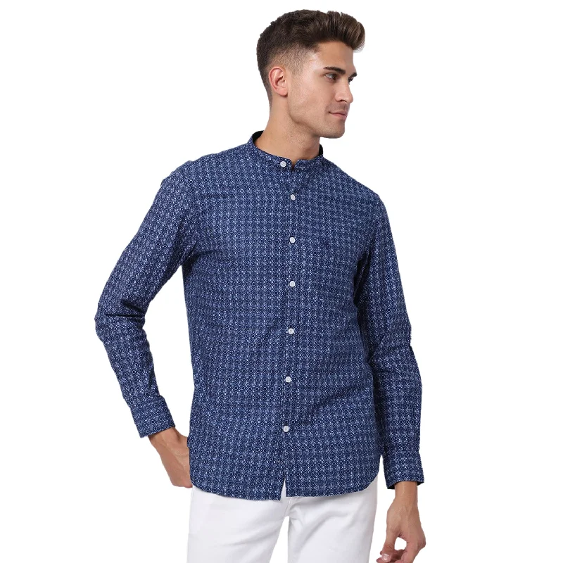 Men's Navy Blue Casual Geometric Print Full Sleeve Shirt