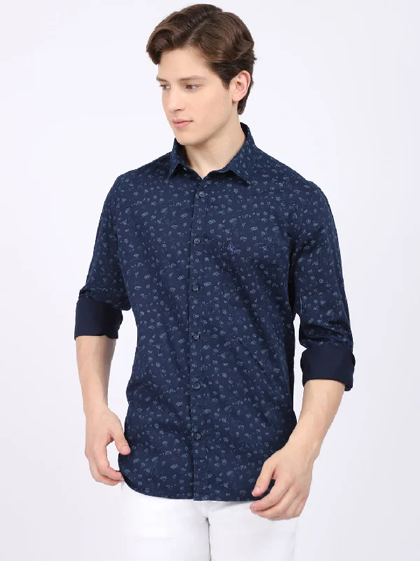 Men's Navy Blue Casual Abstract Print Full Sleeve Shirt