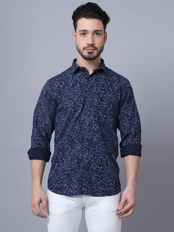 Men's Navy Blue Casual Floral Print Full Sleeve Shirt