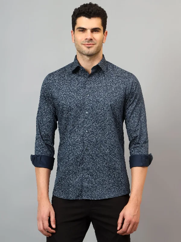 Men's Navy Blue Party Paisley Print  Full Sleeve Shirt