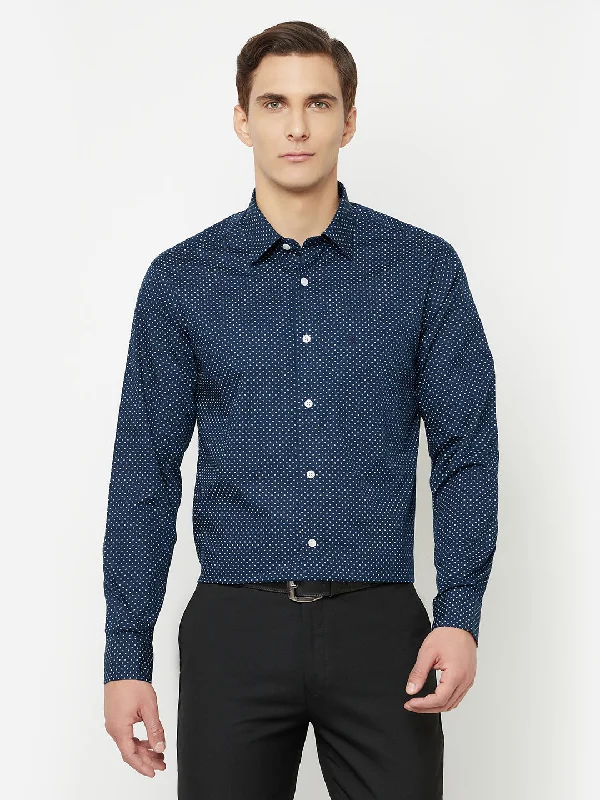 Men's Navy Blue Formal Dot Print Full Sleeve Shirt