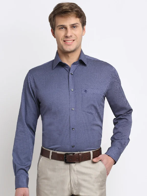 Men's Navy Blue Formal Self Textured Full Sleeve Shirt