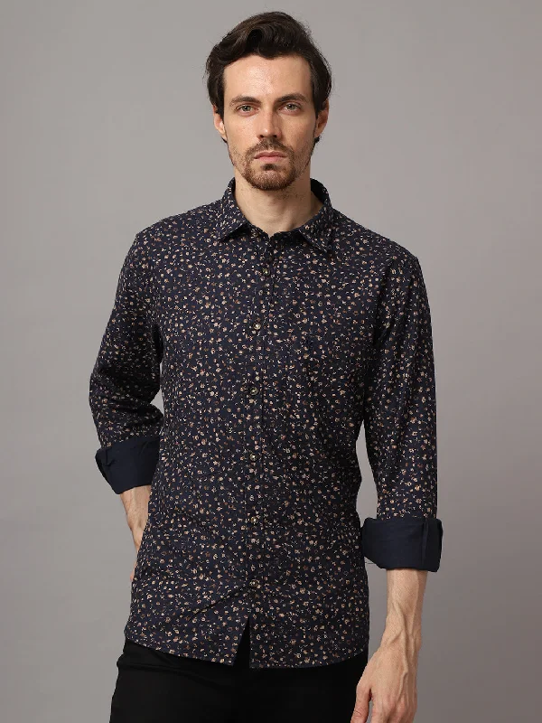 Men's Navy Blue Casual Floral Print Full Sleeve Shirt