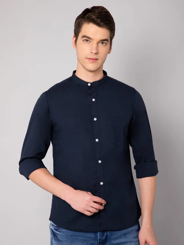 Men's Navy Blue Casual Plain Full Sleeve Shirt