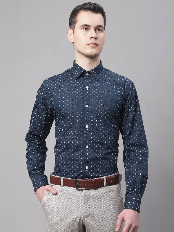 Men's Navy Blue Formal Ditsy Print Full Sleeve Shirt