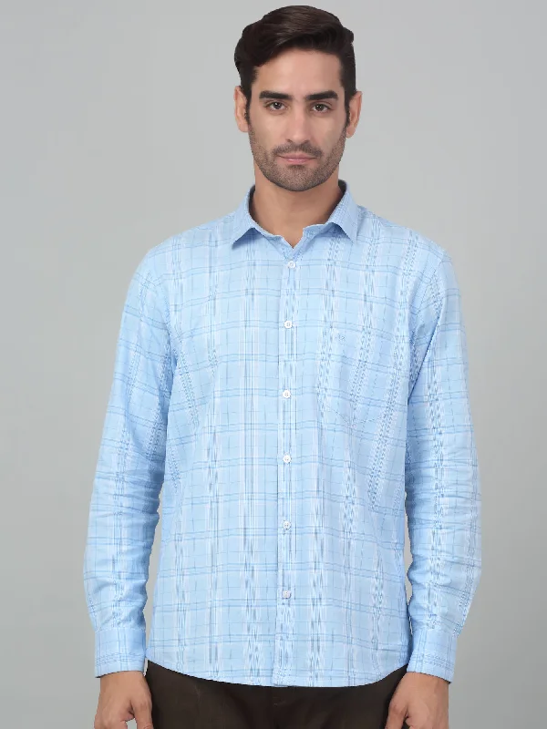 Men's Sky Blue Casual Medium Checks Full Sleeve Shirt