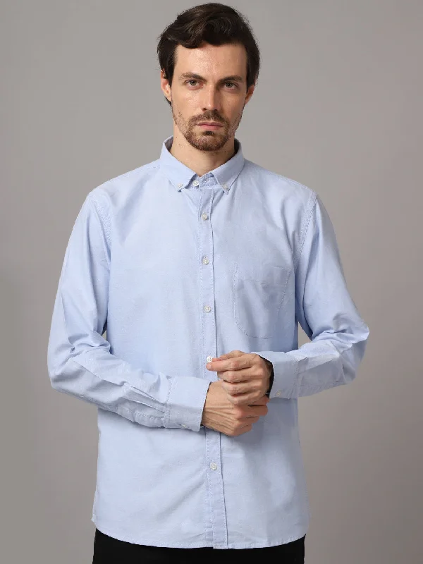 Men's Sky Blue Casual Plain Full Sleeve Shirt