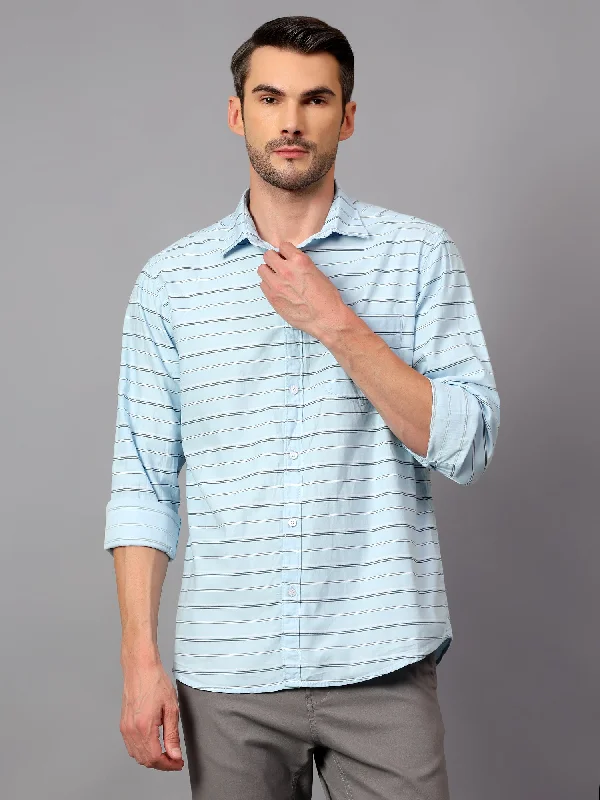 Men's Sky Blue Casual Horizontal Stripe Print Full Sleeve Shirt