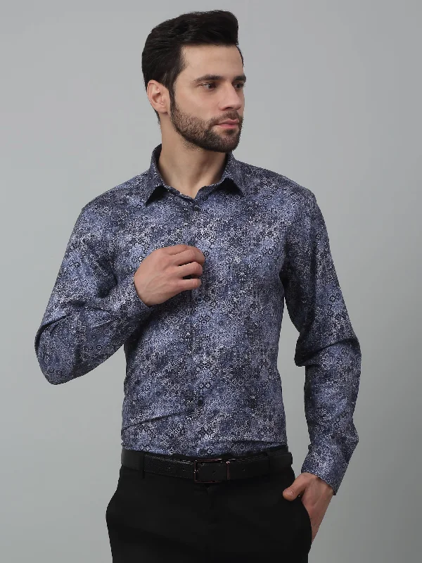 Men's Navy Blue Party Abstract Print Full Sleeve Shirt