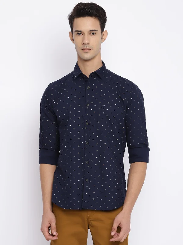 Men's Navy Blue Casual Ditsy Print Full Sleeve Shirt