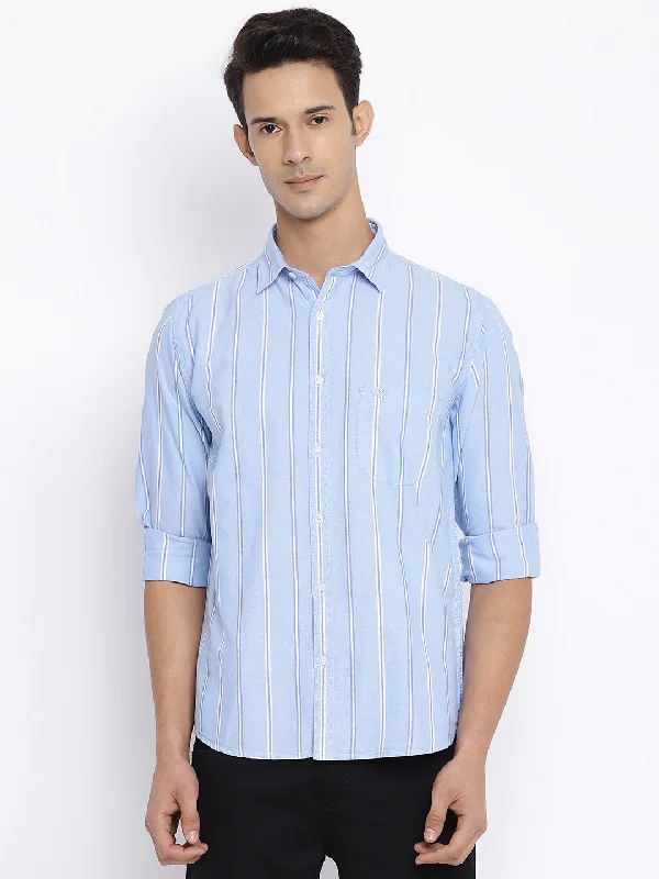 Men's Sky Blue Casual Broad Stripe Full Sleeve Shirt