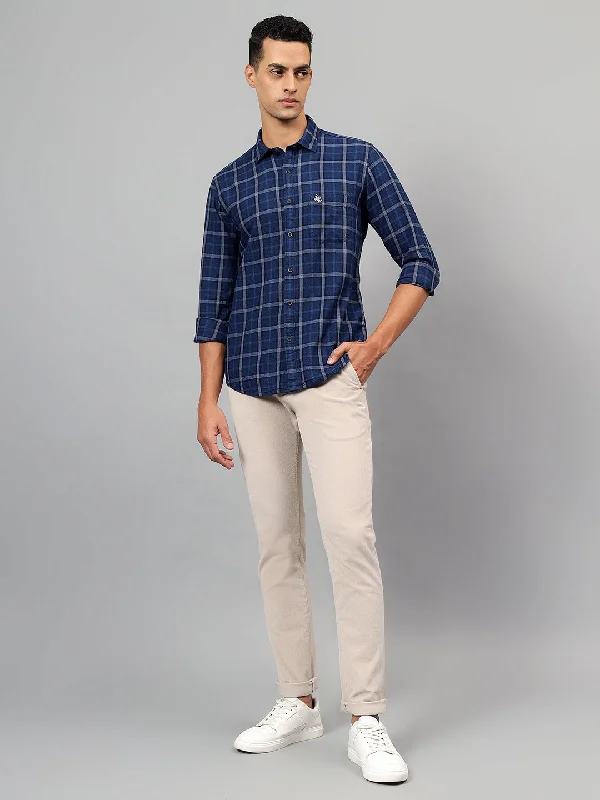 Men's Navy Blue Checked Full Sleeves Casual Shirt