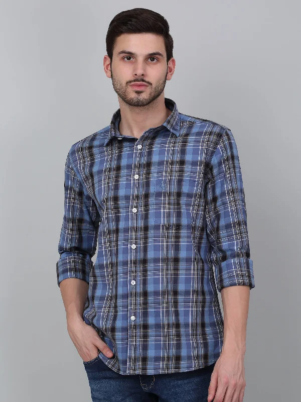 Men's Navy Blue Checkered Full Sleeve Casual Shirt