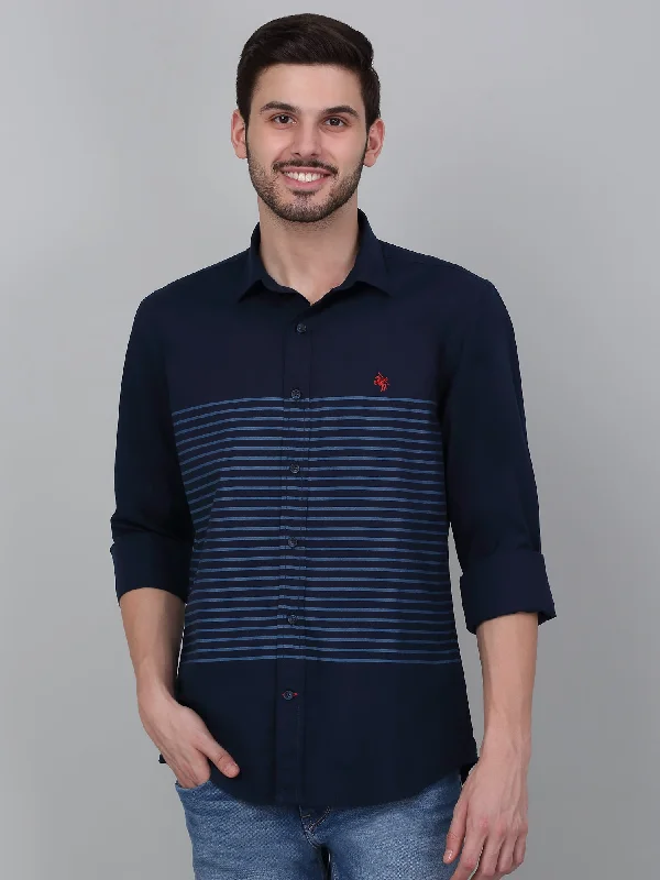 Men's Navy Blue Striped Full Sleeve Casual Shirt