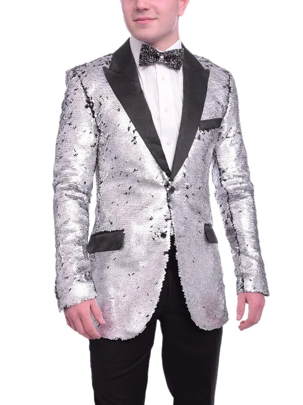 Barabas Extra Slim Black Silver Sequin Blazer Sportcoat With Satin Peak Lapels