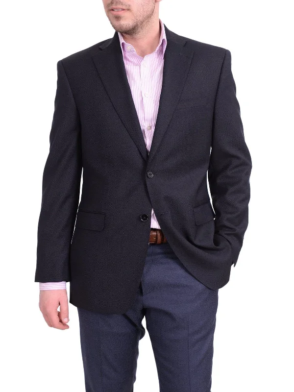 I Uomo Men's Regular Fit Navy Blue Textured Two Button Wool Blazer Sportcoat