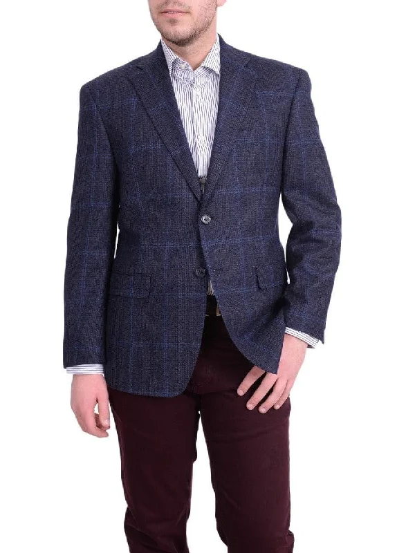 I Uomo Mens Regular Fit Navy Blue Plaid Two Button Wool Blazer Sportcoat