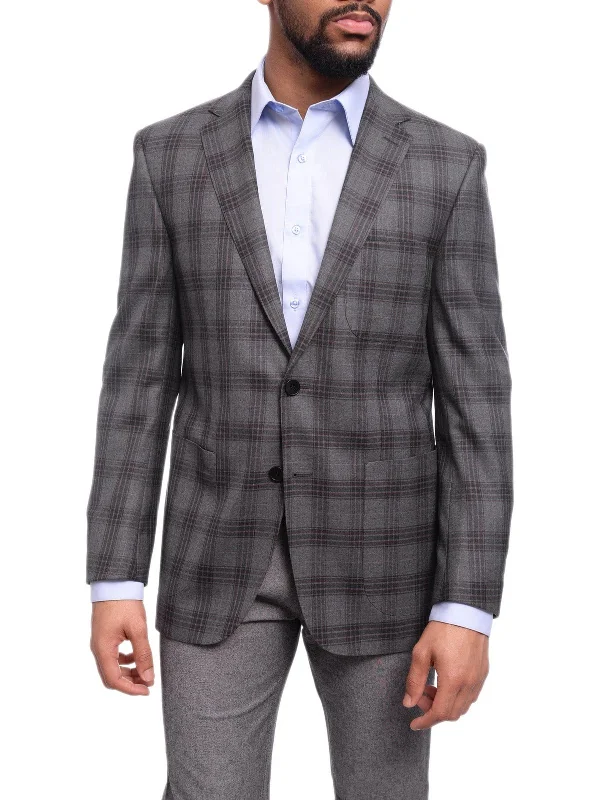 Mens Napoli Slim Fit Charcoal Gray Plaid Half Canvassed Cotton Blazer Sportcoat