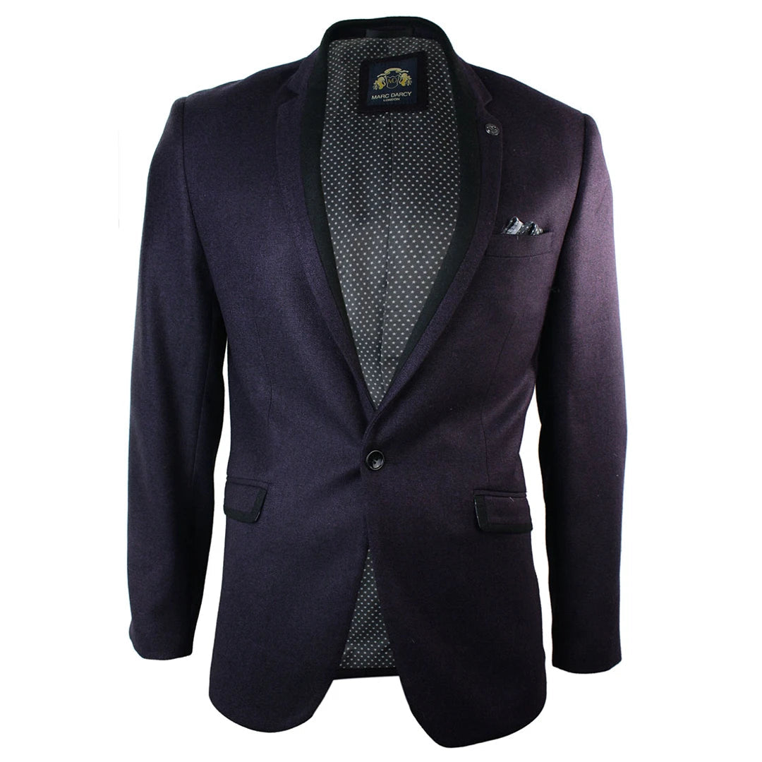 Carter - Men's Purple Herringbone Tweed Blazer Jacket Black Trim