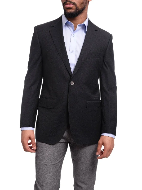 Napoli Classic Fit Navy Blue Tonal Houndstooth Half Canvassed Wool Silk Blazer