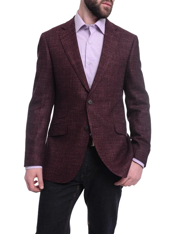 Napoli Slim Fit Burgundy Woven Tweed Two Button Half Canvassed Wool Silk Blazer