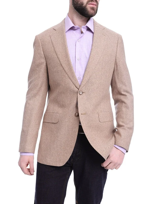 Napoli Slim Fit Tan Herringbone Half Canvassed Cashmere Blazer Sportcoat