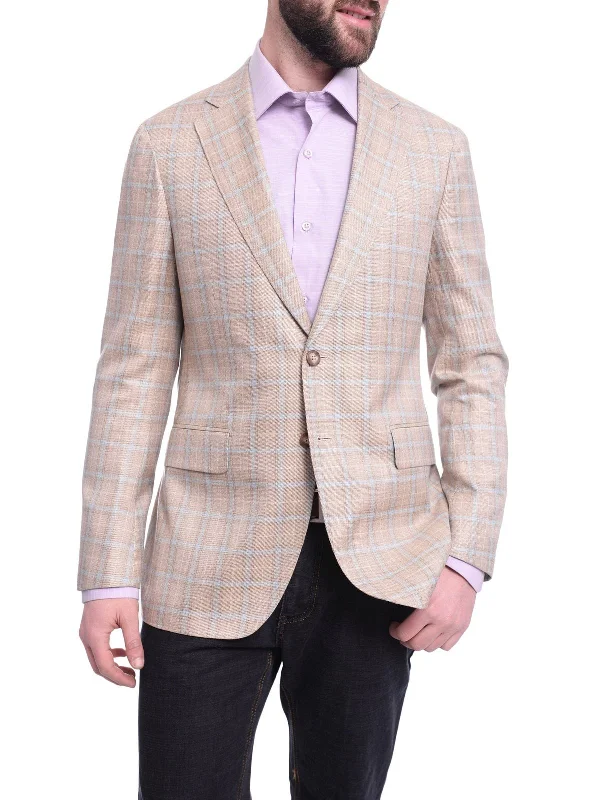 Napoli Slim Fit Tan Stepweave Blue Windowpane Half Canvassed Silk Wool Blazer