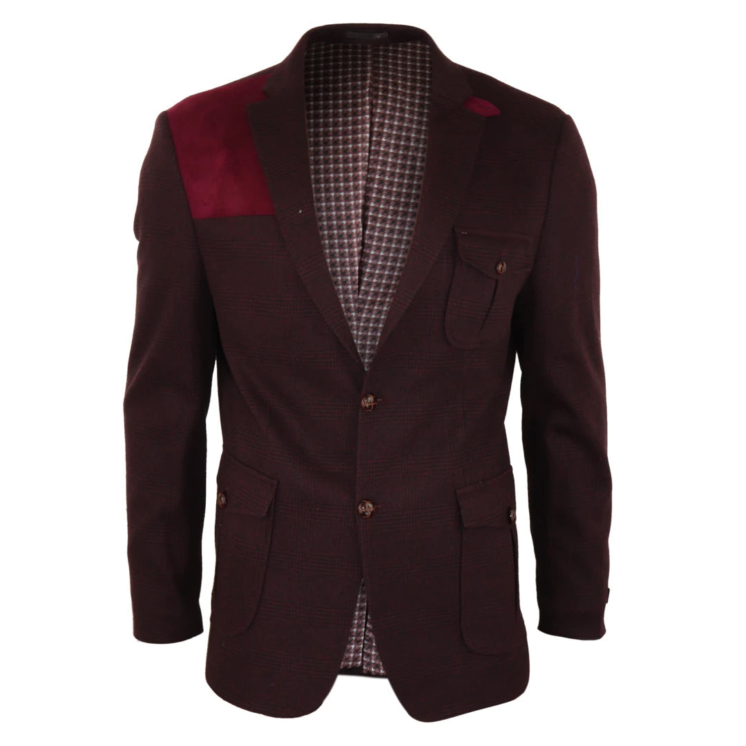 Men's Wool Tweed Jacket Hunting Blazer Check Elbow Patch Wine