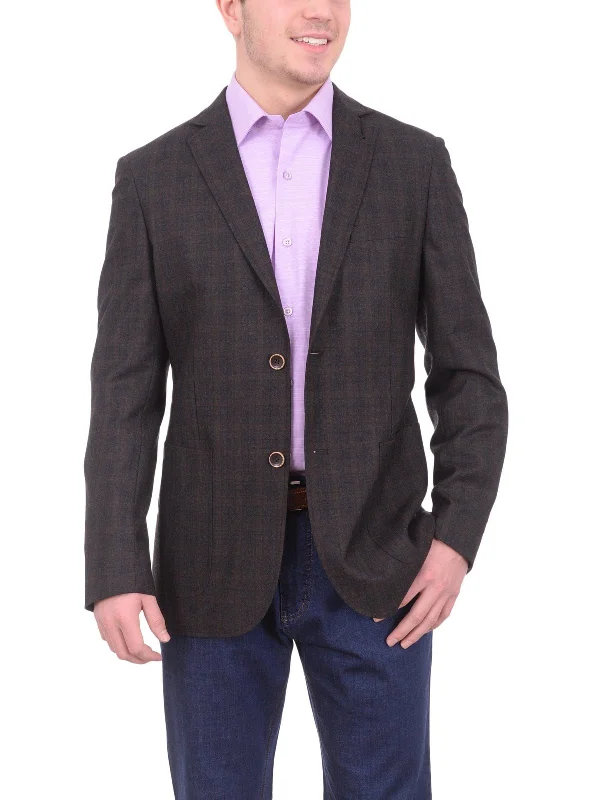 Zanetti Modern Fit Brown Plaid Wool Blazer Sportcoat With Patch Pockets